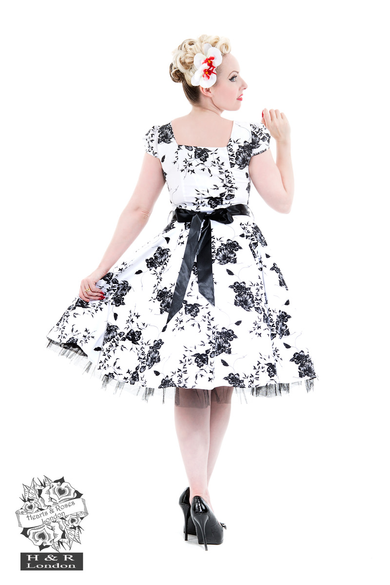 50's Imitation White Black Floral Tea Dress